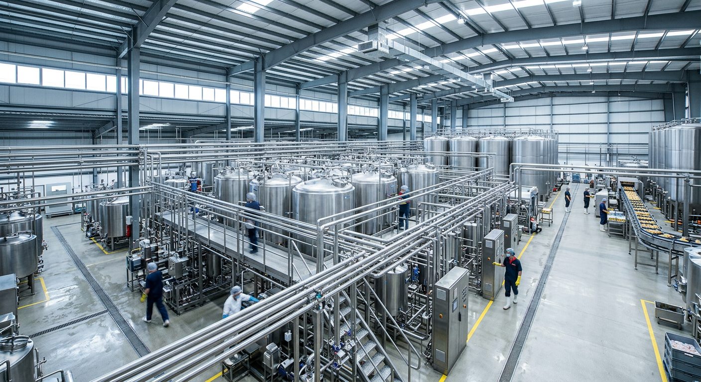 Food processing facility with stainless steel tanks