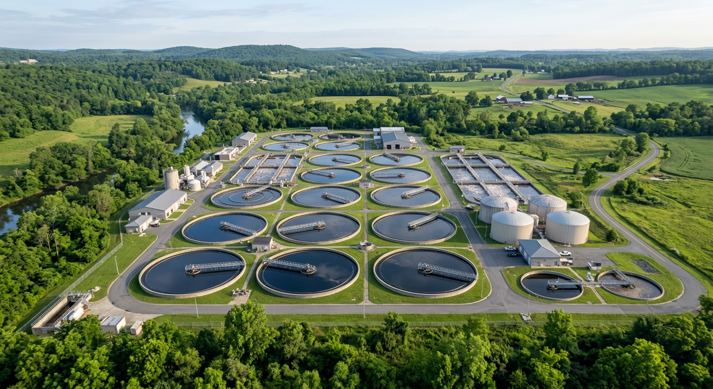 Aerial view of a municipal wastewater treatment plant