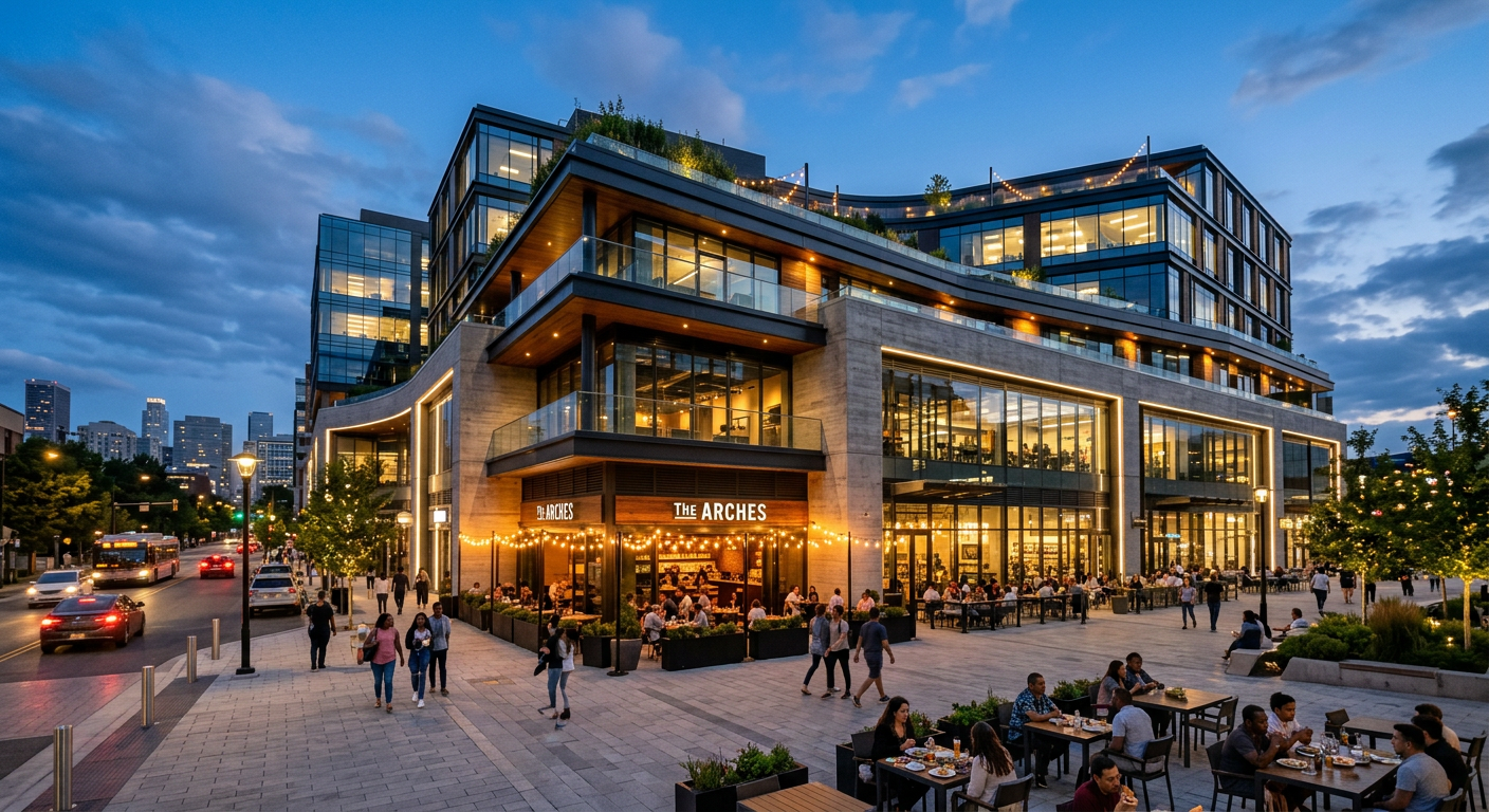 Mixed-use commercial building with restaurants at dusk