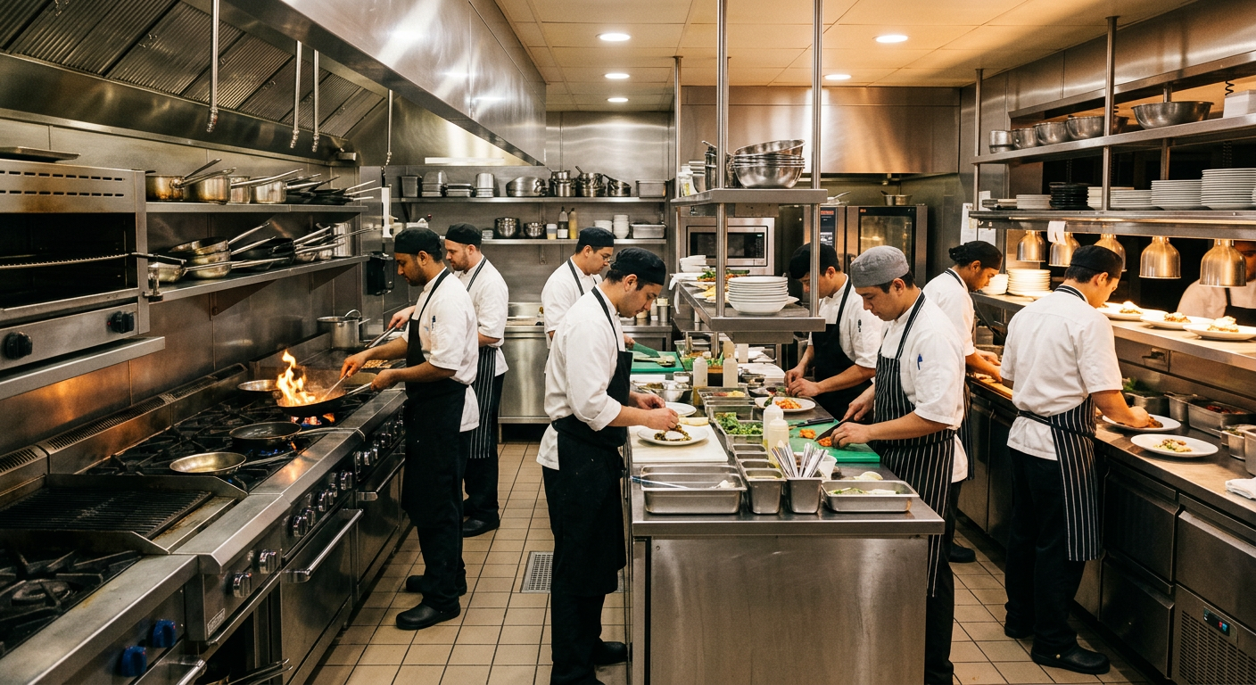 Busy commercial restaurant kitchen