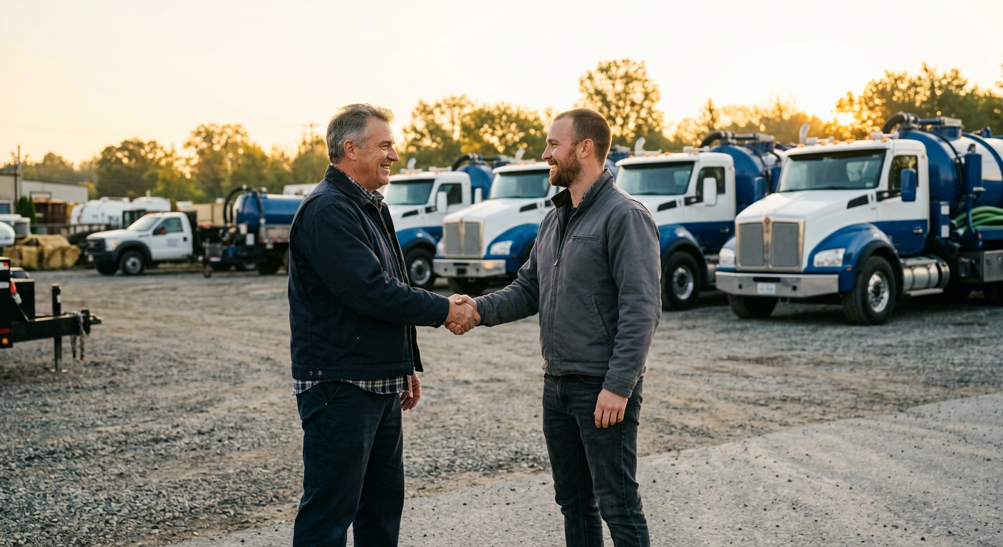 Two environmental services business owners shaking hands in front of a fleet of vacuum trucks