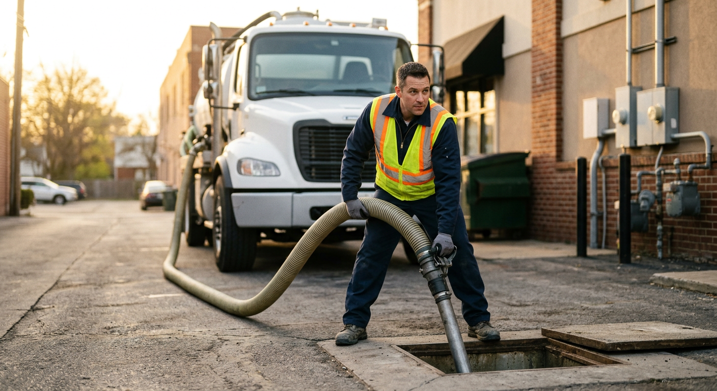 Technician servicing a grease interceptor behind a restaurant with a vacuum truck